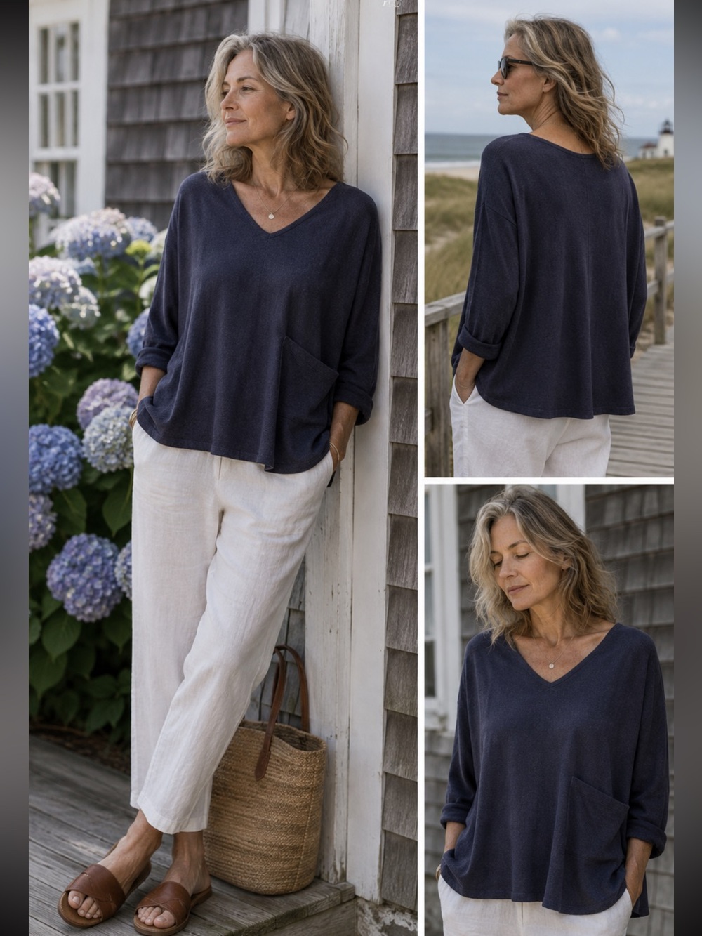 Eileen Fisher Organic Cotton Hemp Boxy Pocket Top V Neck Easy Fit M